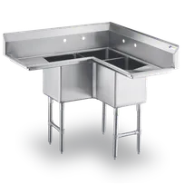 product of Steel Works SWCS3C141412-14LR-318 44" 3 Compartment Corner Sink, 14"W x 14"L Bowl-Stainless Steel