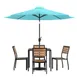 Flash Furniture XU-DG-810060364-UB19BTL-GG 35" Square Patio Dining Table Set, 29"H, Teal Umbrella, 4 Stacking Faux Teak Chairs 1 image