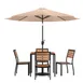 Flash Furniture XU-DG-810060364-UB19BTN-GG 35" Square Patio Dining Table Set with 4 Stacking Faux Teak Chairs, Tan Umbrella, and Umbrella Base 1 image