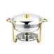 CAC China CAFR-203 Luminous Chafing Dish, 4 qt., Round, Stainless Steel, Gold Accent Handles, Set 1 image